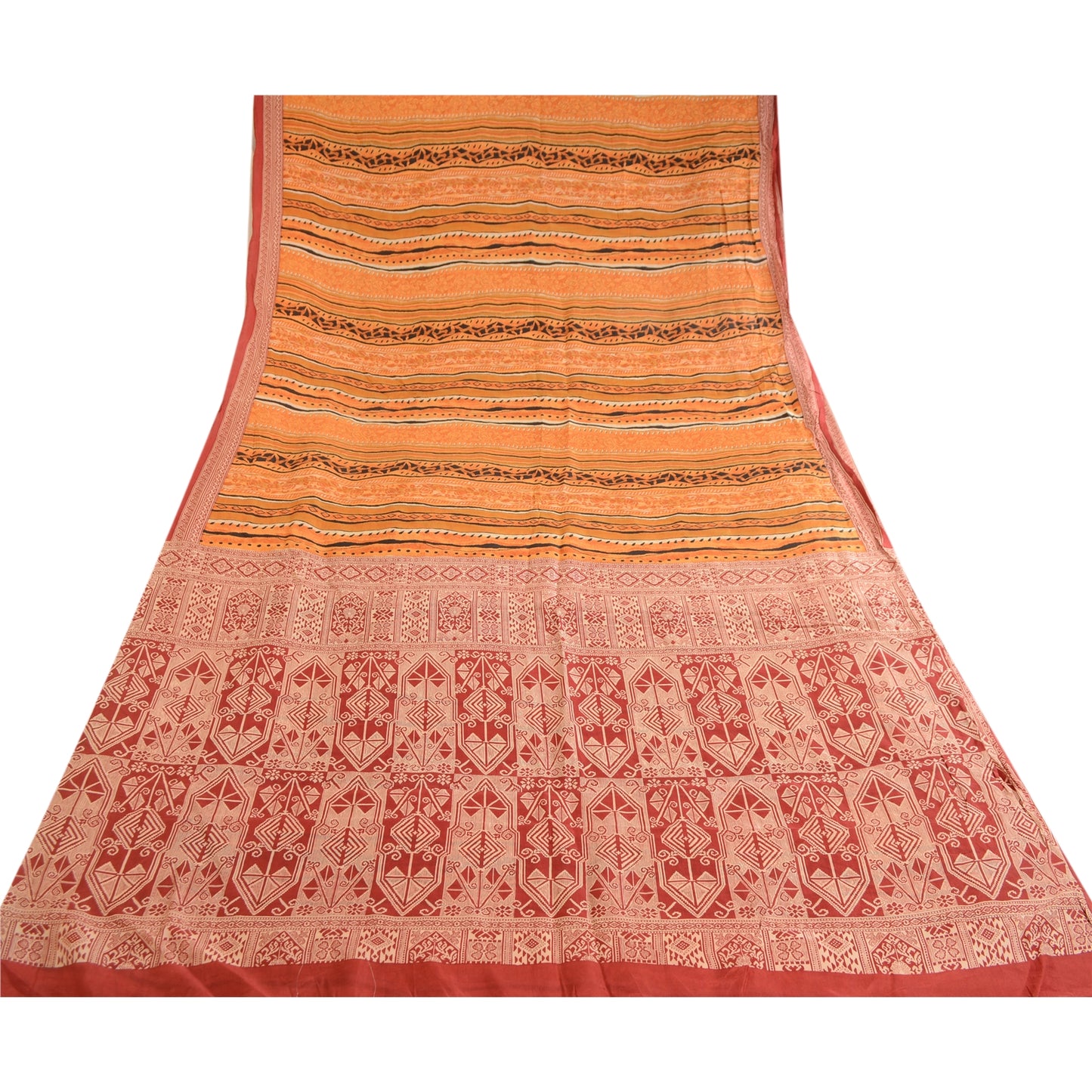 Sanskriti Vintage Sarees From India Saffron Pure Silk Printed Sari Craft Sustainable Fabric