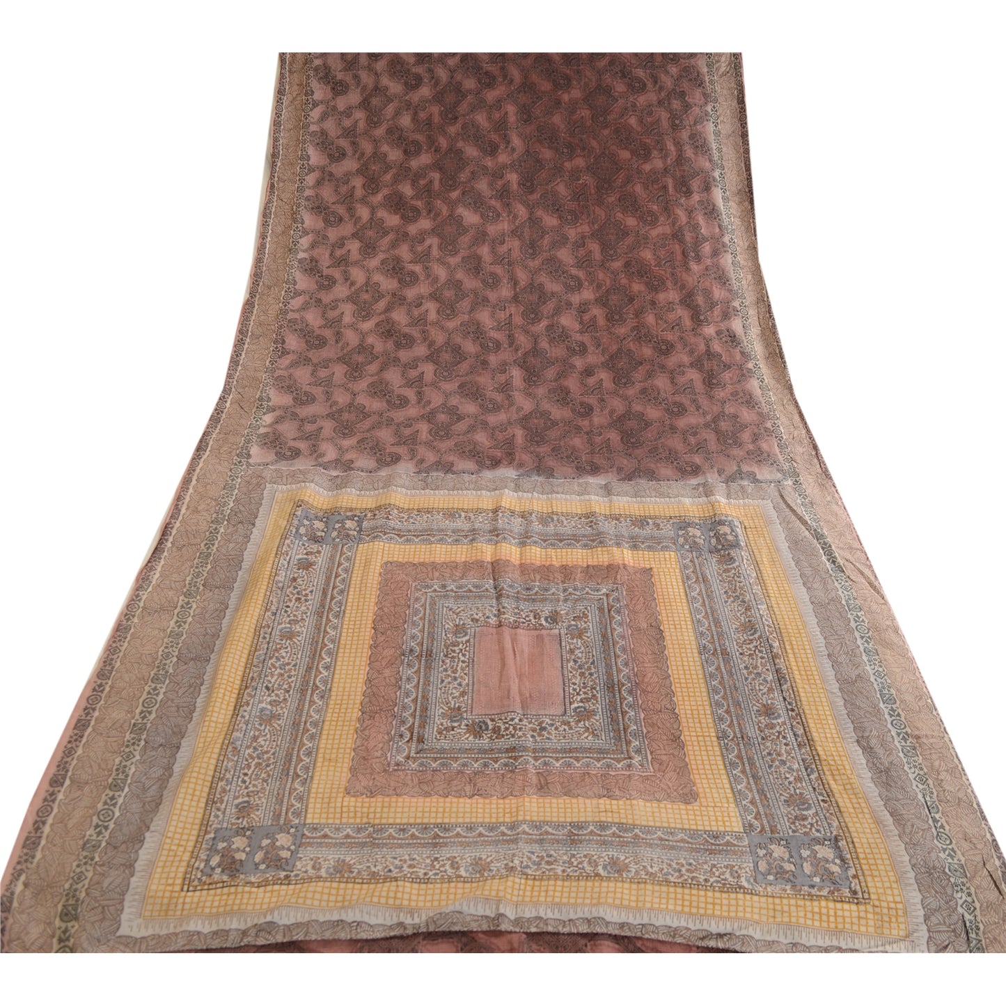 Sanskriti Vintage Sarees Brown Pure Silk Printed Sari Floral Soft Craft Sustainable Fabric