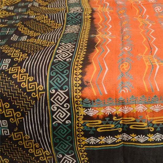 Sanskriti Vintage Sarees Orange Indian 100% Pure Silk Printed Sari Craft Sustainable Fabric