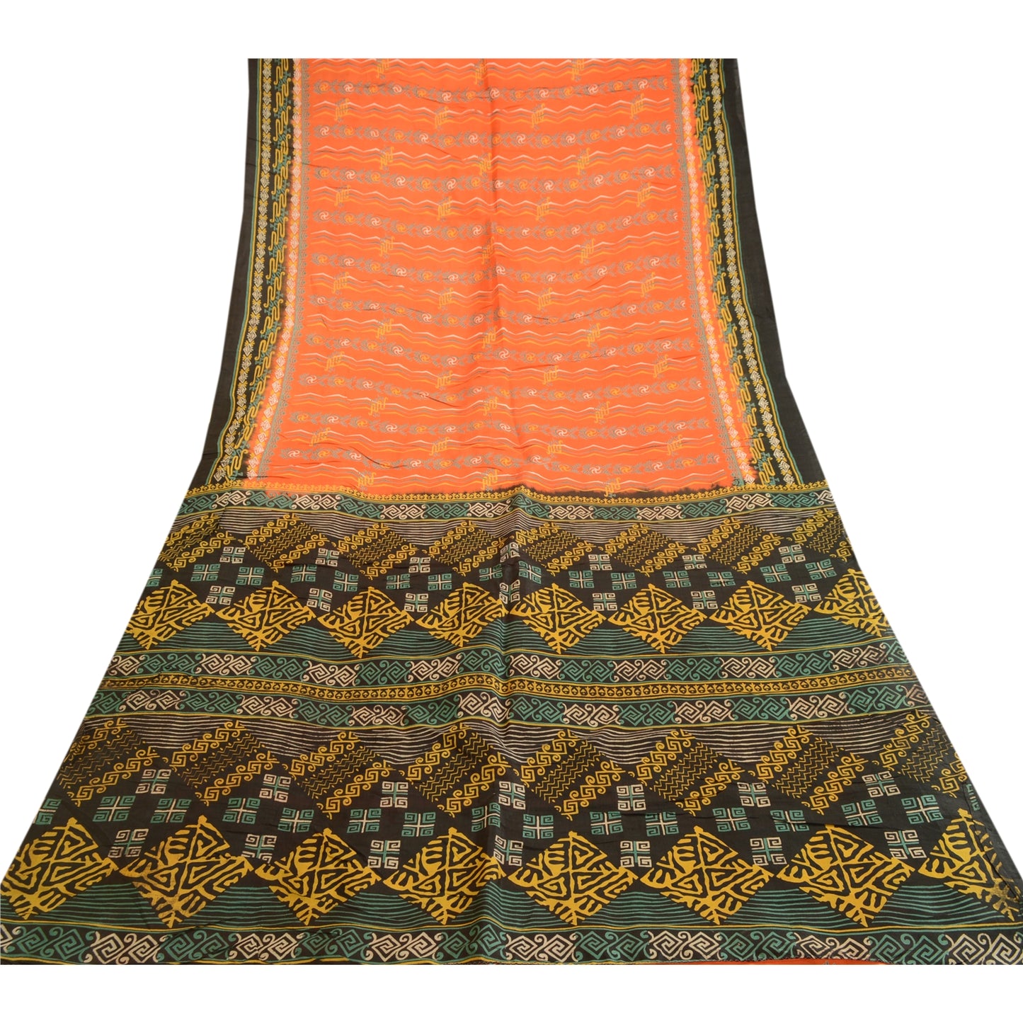 Sanskriti Vintage Sarees Orange Indian 100% Pure Silk Printed Sari Craft Sustainable Fabric