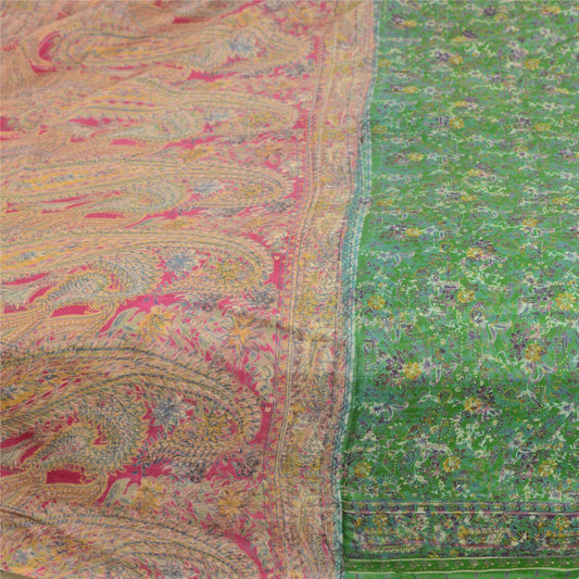 Sanskriti Vintage Sarees Green Blend Silk Printed Sari Floal Soft Craft Sustainable Fabric