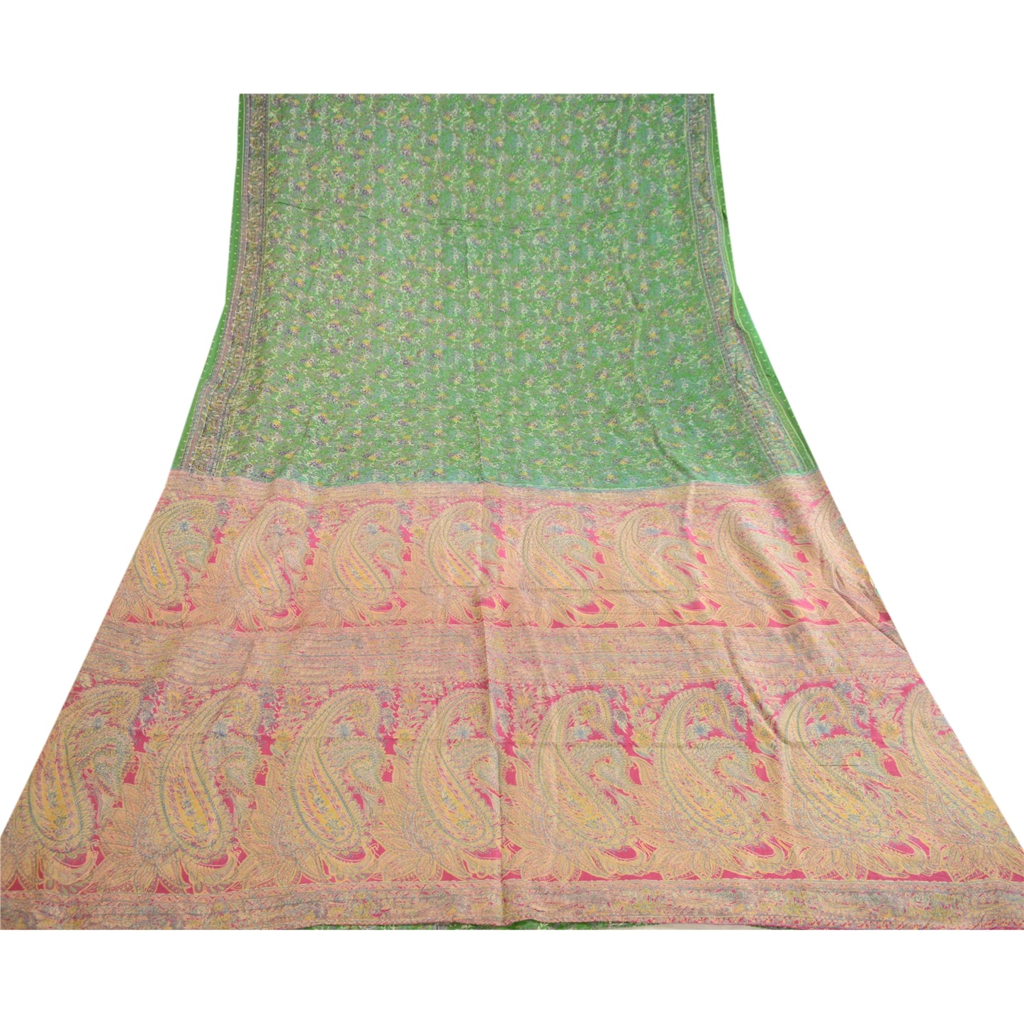 Sanskriti Vintage Sarees Green Blend Silk Printed Sari Floal Soft Craft Sustainable Fabric