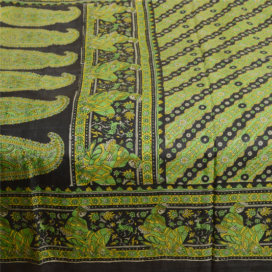 Sanskriti Vintage Sarees Green Women Animal Printed Pure Silk Sari Craft Sustainable Fabric