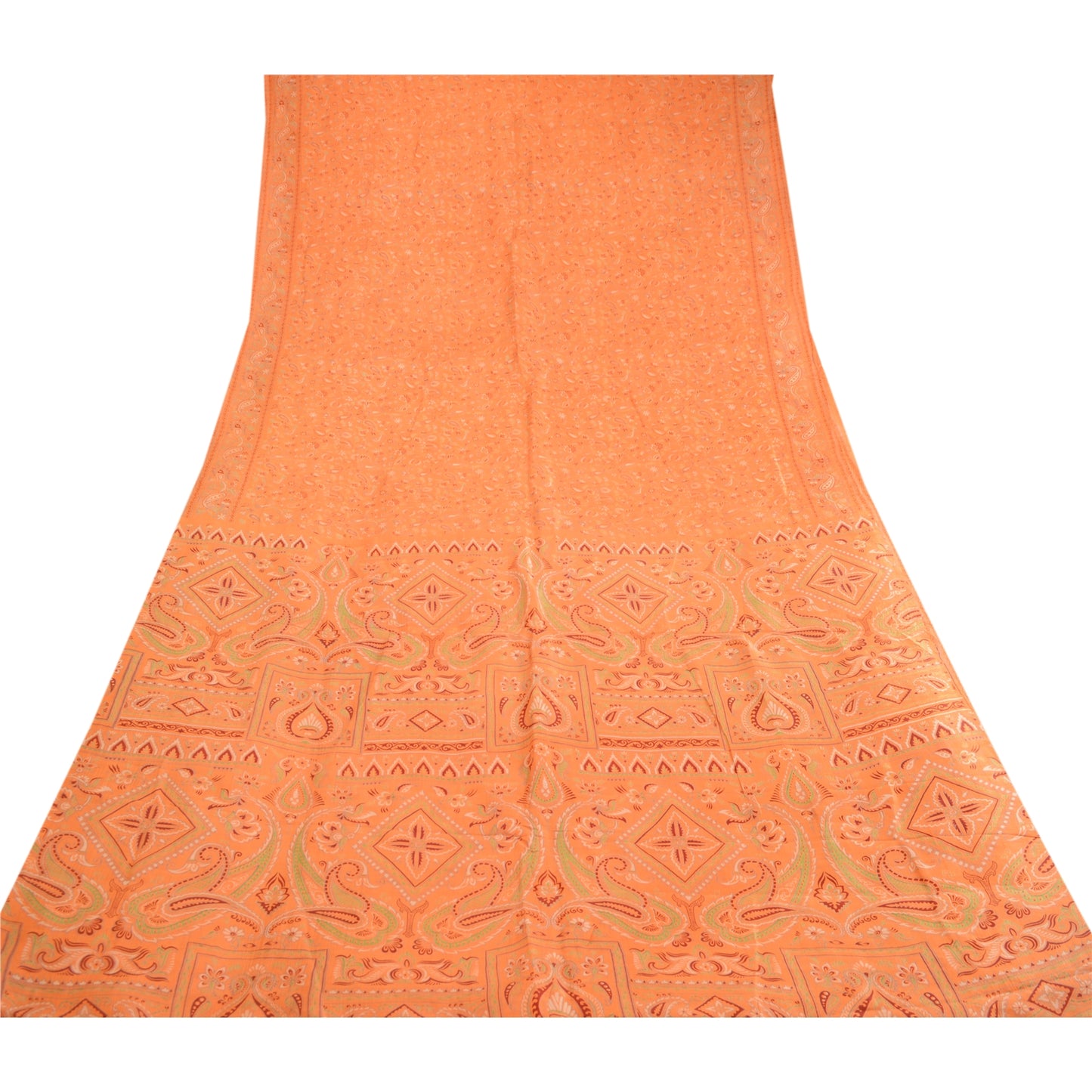 Sanskriti Vintage Sarees Indian Orange 100% Pure Silk Sari Printed Craft Sustainable Fabric
