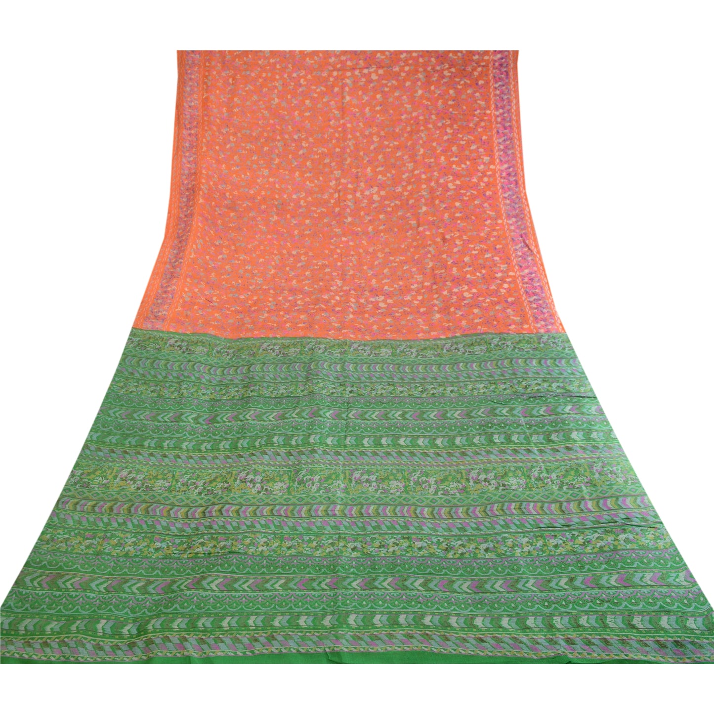 Sanskriti Vintage Sarees Indian Orange Pure Silk Printed Sari Soft Craft Sustainable Fabric