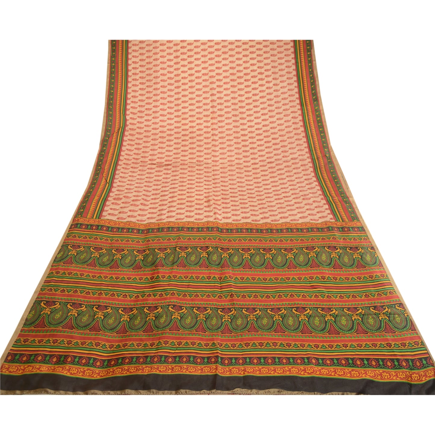 Sanskriti Vintage Sarees Pale Cream Indian Pure Silk Printed Sari Craft Sustainable Fabric