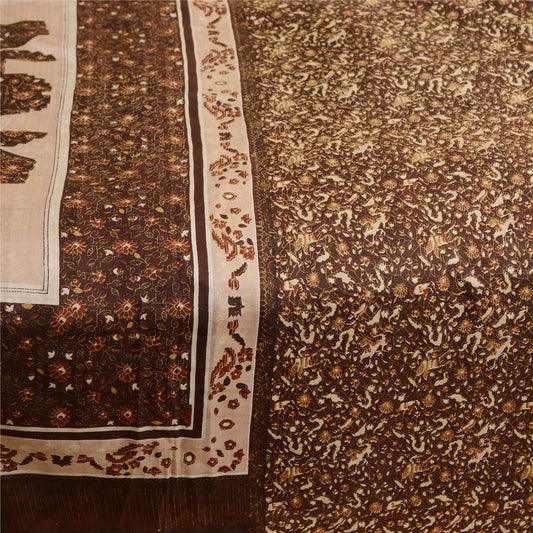 Sanskriti Vintage Sarees Brown 100% Pure Silk Printed Sari Soft 5yd Craft Sustainable Fabric