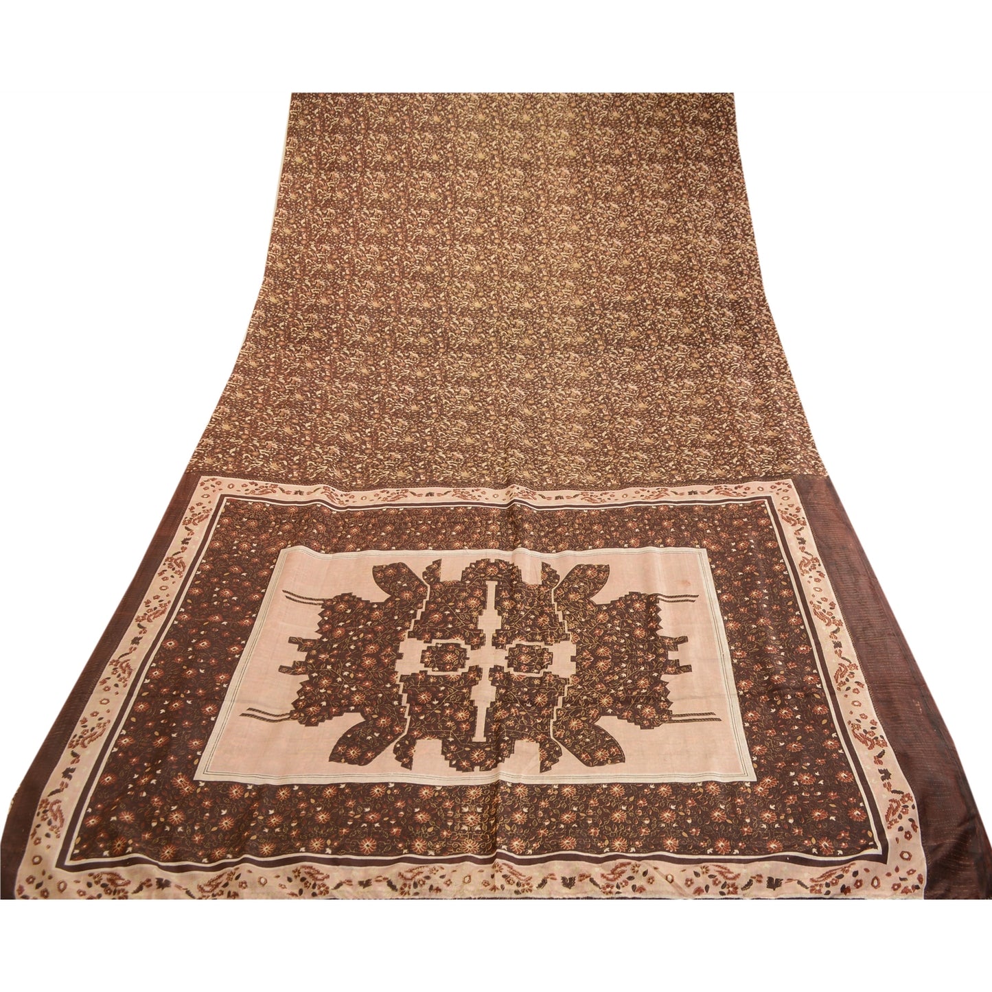Sanskriti Vintage Sarees Brown 100% Pure Silk Printed Sari Soft 5yd Craft Sustainable Fabric