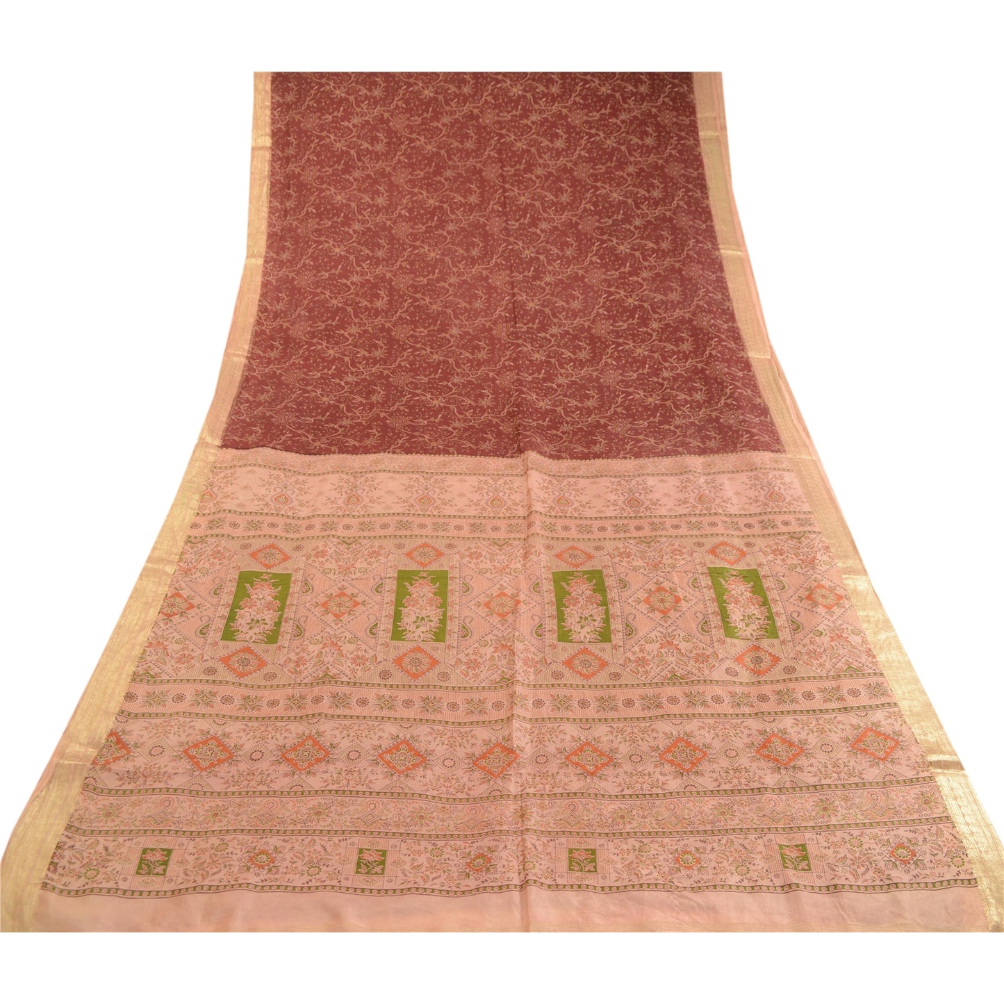 Sanskriti Vintage Sarees Dark Red Indian Print Zari Border Pure Silk Sari Sustainable Fabric