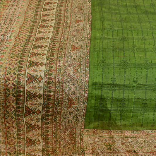 Sanskriti Vintage Sarees Green 100% Pure Silk Printed Sari Soft 5yd Craft Sustainable Fabric