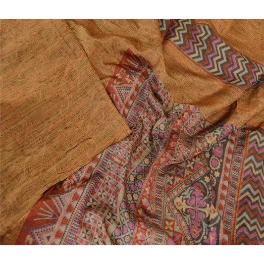 Sanskriti Vintage Sarees Brown 100% Pure Silk Printed Sari Floral Craft Sustainable Fabric