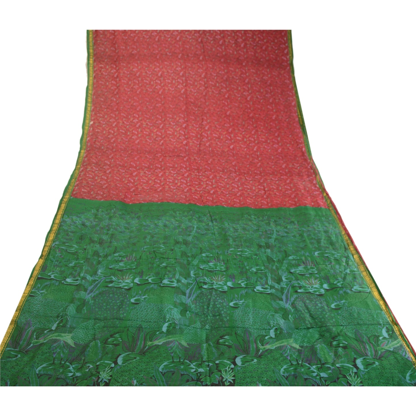 Sanskriti Vintage Sarees Red Zari Border Pure Silk Printed Sari 5yd Craft Sustainable Fabric