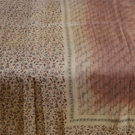 Sanskriti Vintage Sarees Shades of Brown Printed Pure Silk Sari 5yd Craft Sustainable Fabric