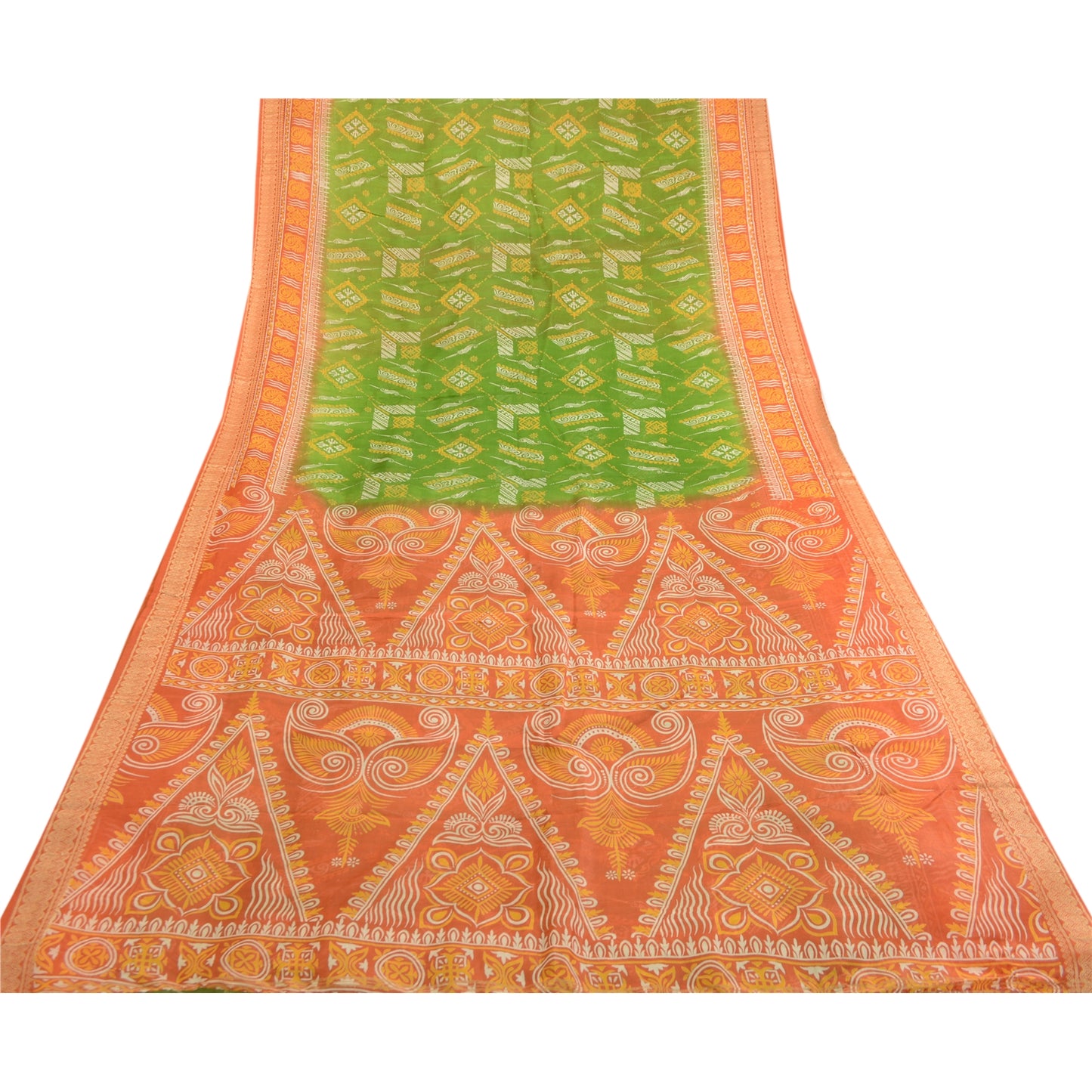 Sanskriti Vintage Sarees Green Printed 100% Pure Silk Sari Soft 5yd Craft Sustainable Fabric