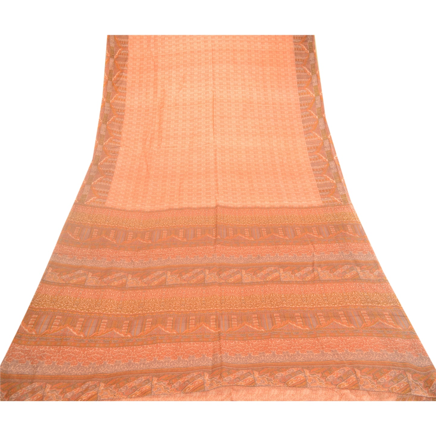 Sanskriti Vintage Sarees Peach Indian Printed Pure Silk Sari Soft Craft Sustainable Fabric