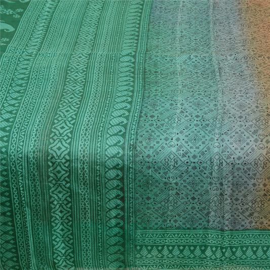 Sanskriti Vintage Sarees Green Pure Silk Printed Sari Floral Soft Craft Sustainable Fabric