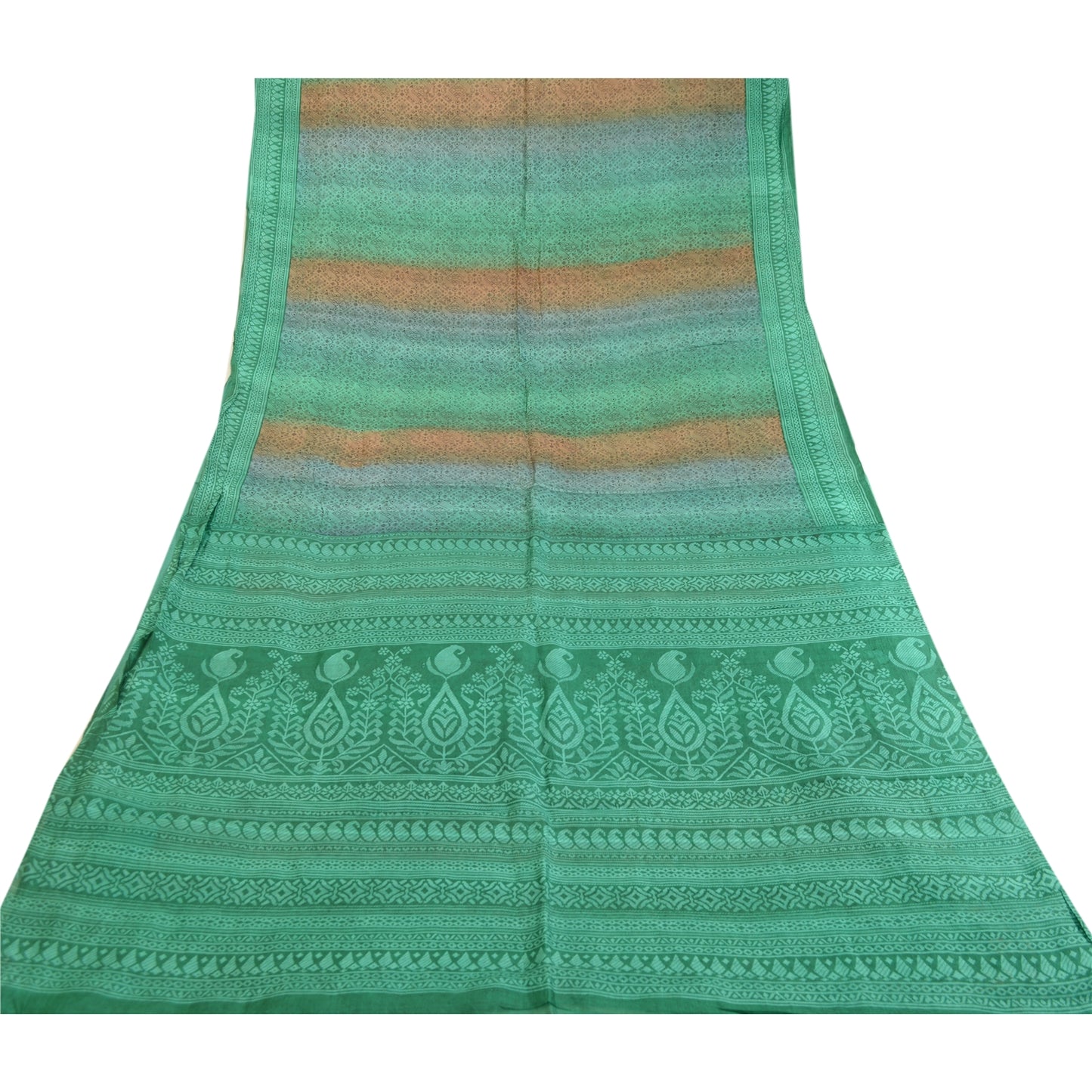 Sanskriti Vintage Sarees Green Pure Silk Printed Sari Floral Soft Craft Sustainable Fabric