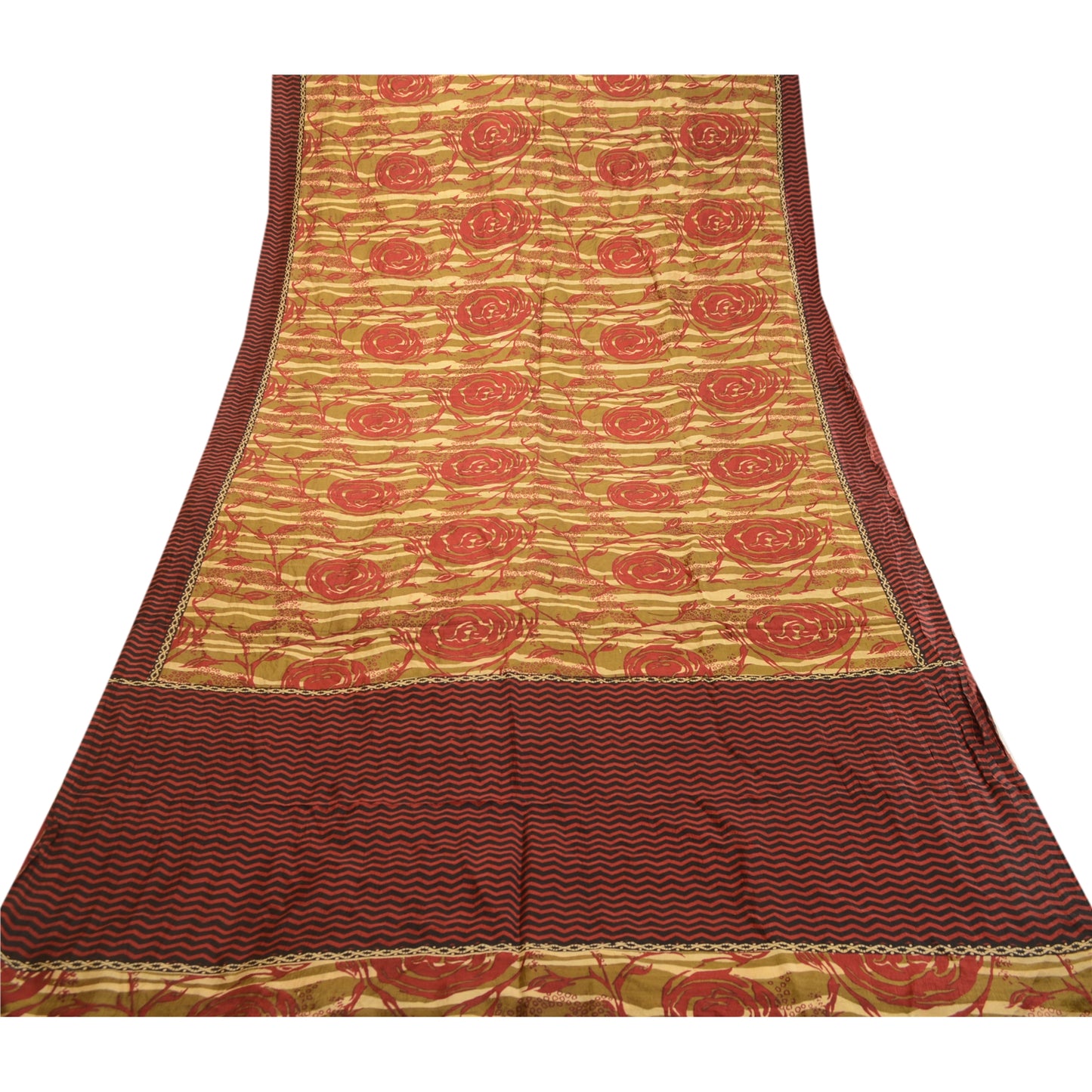 Sanskriti Vintage Sarees Indian Green Printed Pure Silk Sari Soft Craft Sustainable Fabric