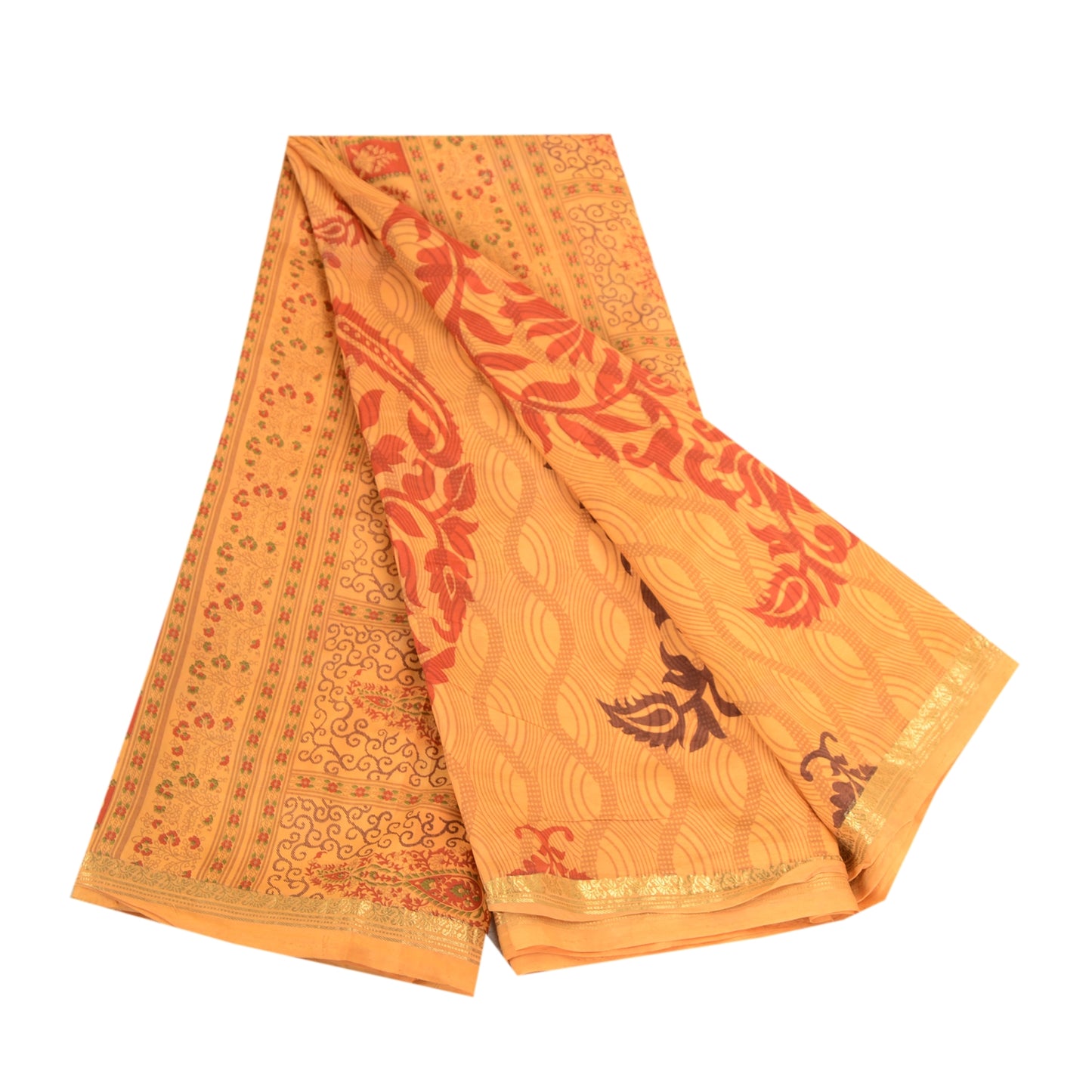 Sanskriti Vintage Sarees Yellow Pure Silk Block Printed Sari Floral Craft Sustainable Fabric