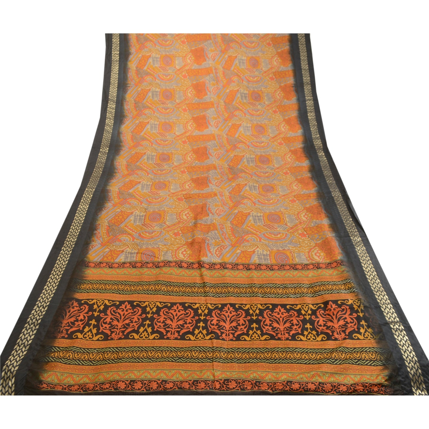 Sanskriti Vintage Saree Orange 100% Pure Silk Sarees: Printed Floral Fabric, 5 Yards Floral Design- Dresses, Kaftans, Skirts, Tops,