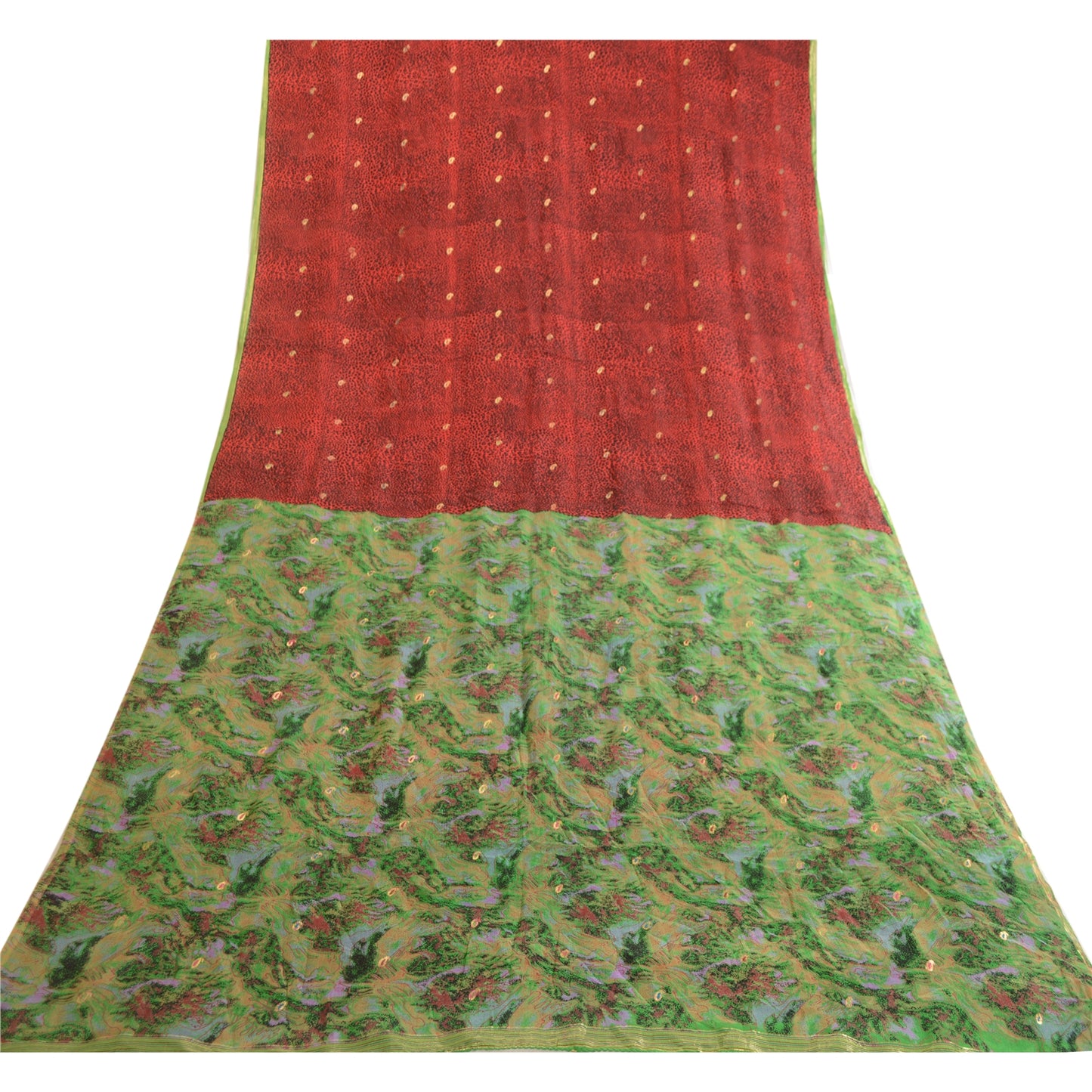 Sanskriti Vintage Sarees Red Pure Chinon Silk Printed Woven Sari Craft Sustainable Fabric