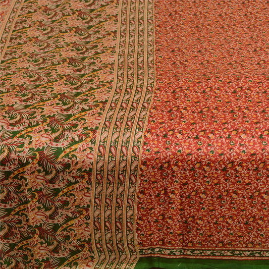 Sanskriti Vintage Sarees Red Indian Printed Pure Silk Sari 5yd Soft Craft Sustainable Fabric