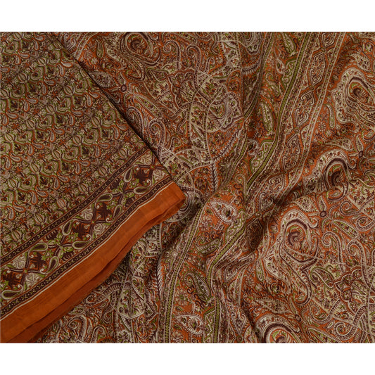 Sanskriti Vintage Sarees From India Orange Printed Pure Silk Sari Craft Sustainable Fabric