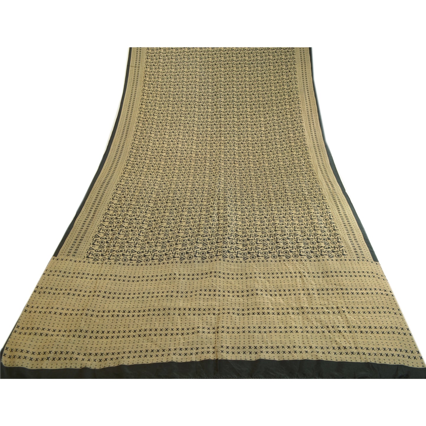 Sanskriti Vintage Sarees Beige Religious Symbols Printed Pure Silk Sari Sustainable Fabric