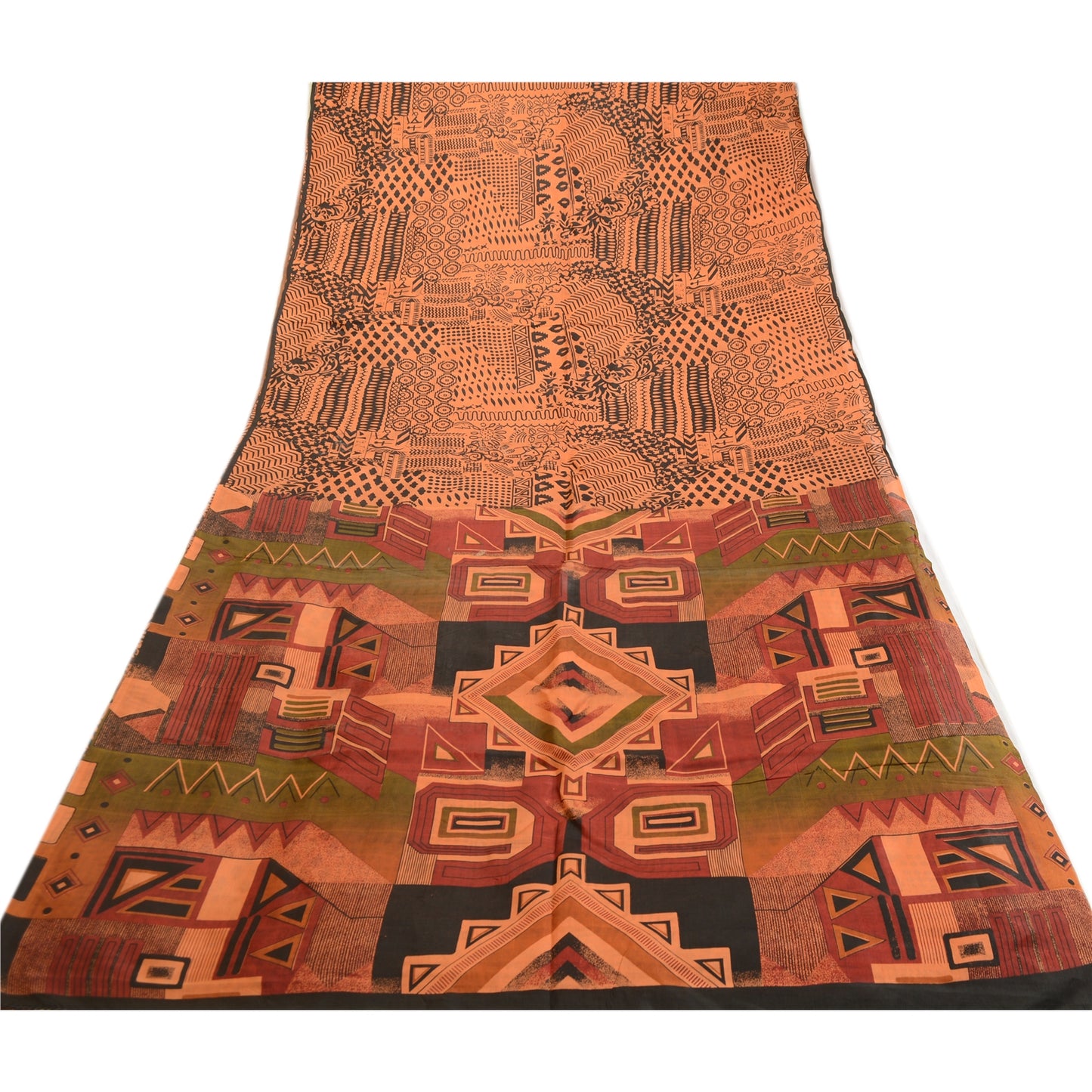 Sanskriti Vintage Sarees Orange Pure Silk Geometric Printed Sari Craft Sustainable Fabric