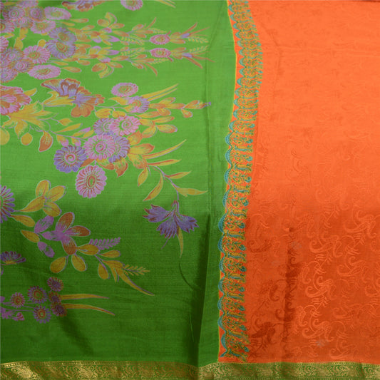Sanskriti Vintage Sarees Orange Zari Border Pure Silk Printed Woven Sari Sustainable Fabric
