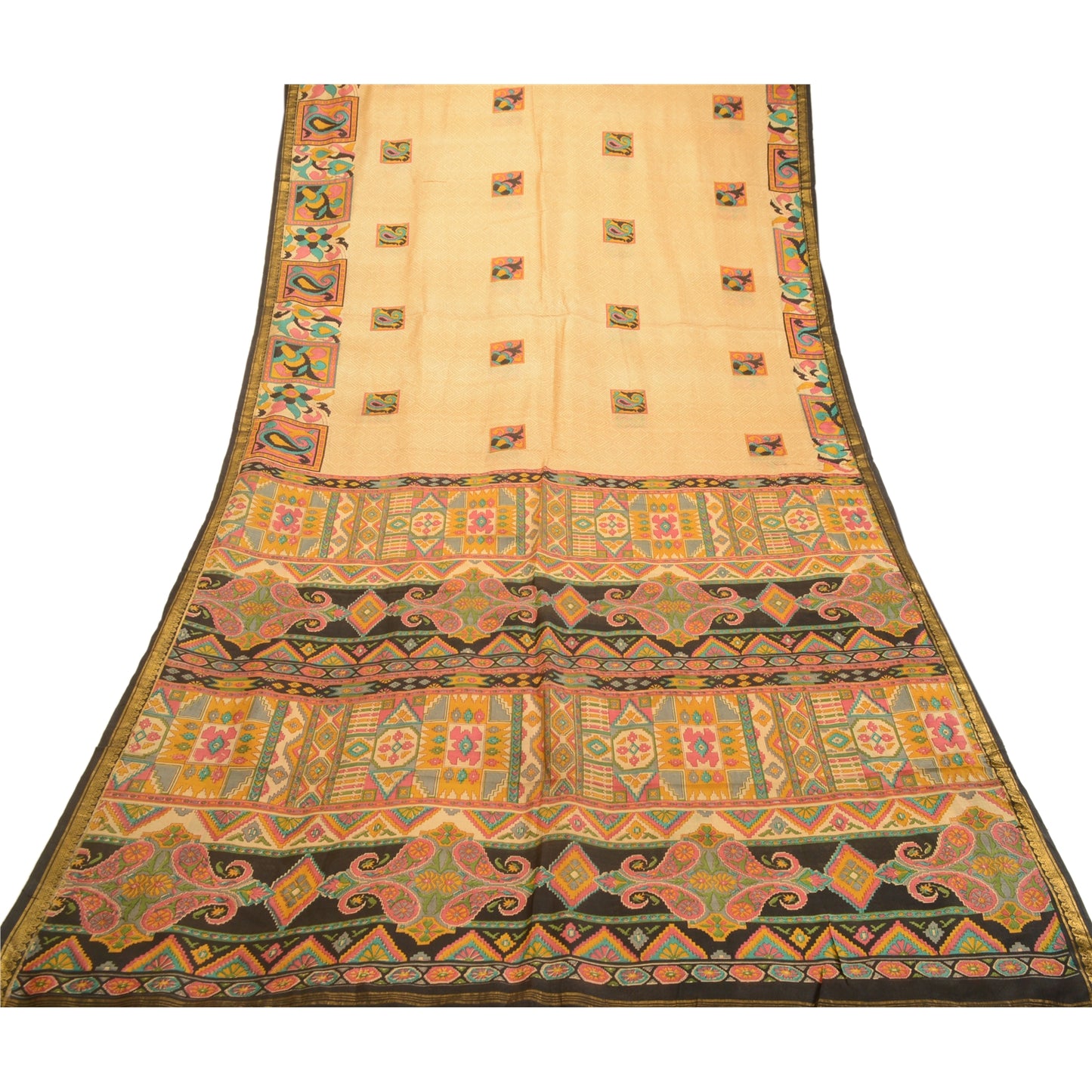 Sanskriti Vintage Sarees Beige Zari Border Pure Silk Printed Sari Craft Sustainable Fabric