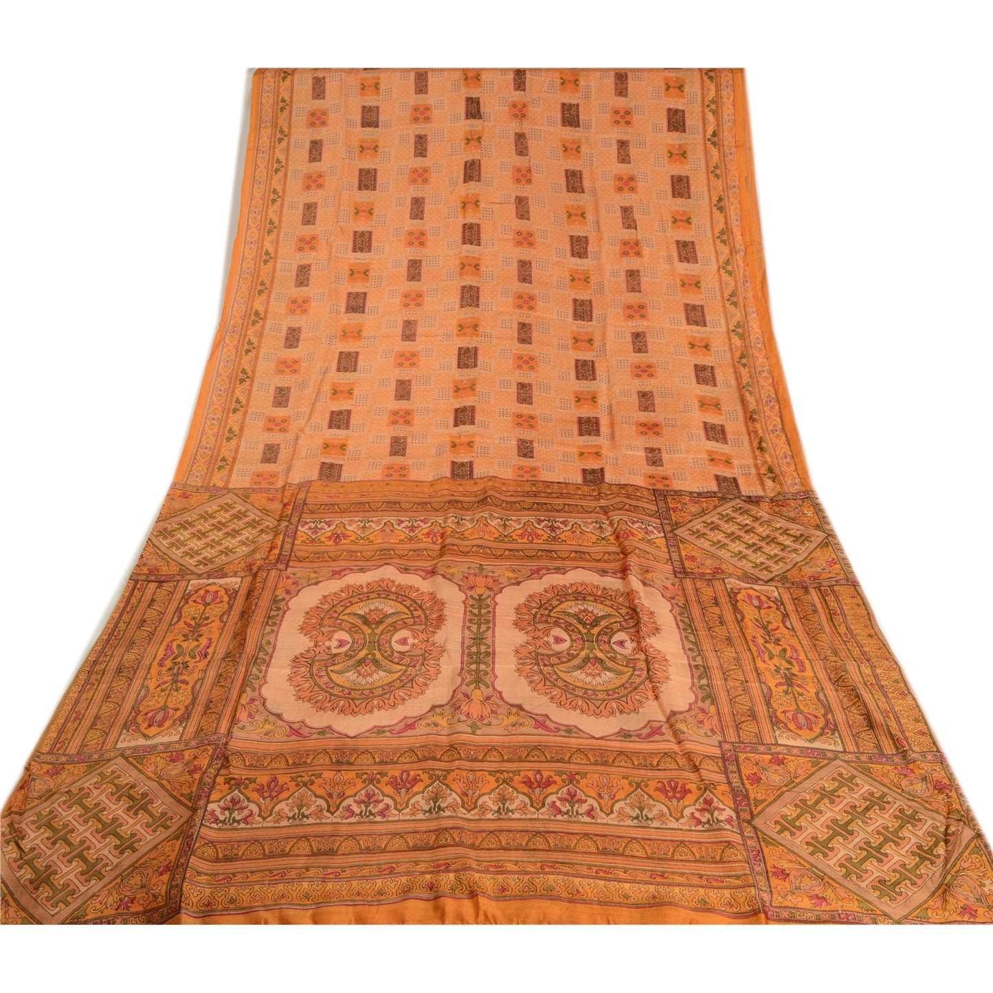 Sanskriti Vintage Sarees Saffron Indian Printed Pure Silk Sari Soft Craft Sustainable Fabric