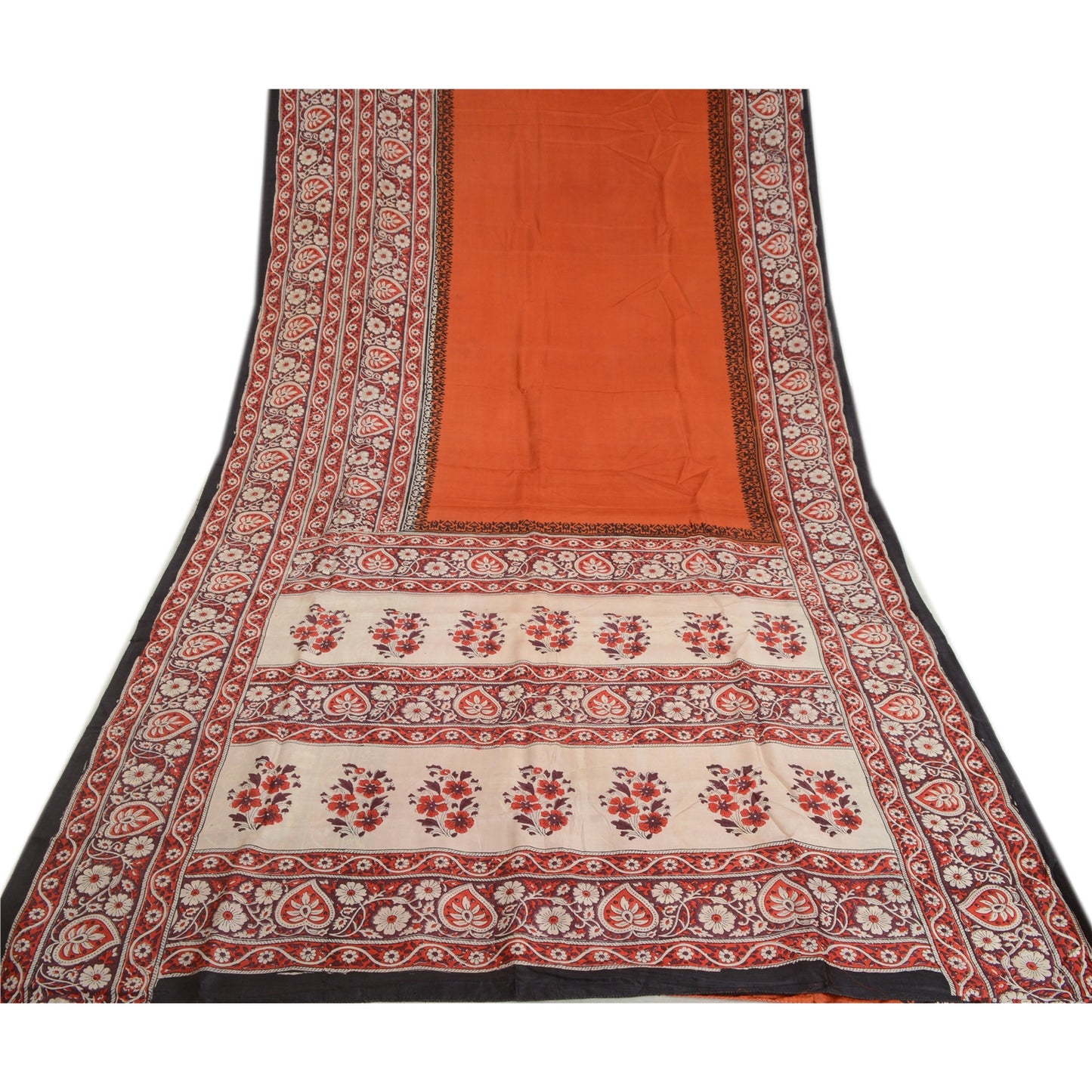 Sanskriti Vintage Sarees Orange Bloktrykt 100% Ren Silke Sari Håndværksmæssigt Bæredygtigt Stoff