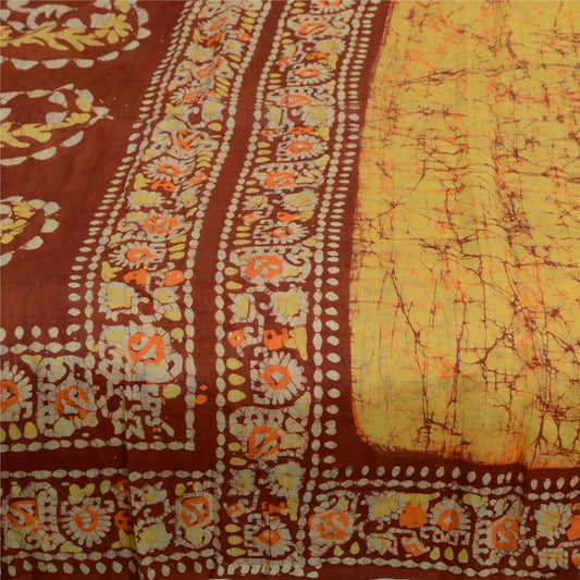 Sanskriti Vintage Sarees Yellow Batik Indian Pure Silk Printed Sari Craft Sustainable Fabric