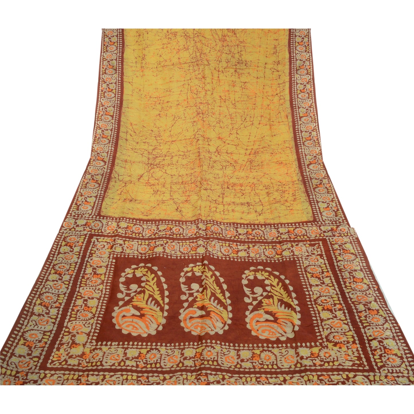 Sanskriti Vintage Sarees Yellow Batik Indian Pure Silk Printed Sari Craft Sustainable Fabric