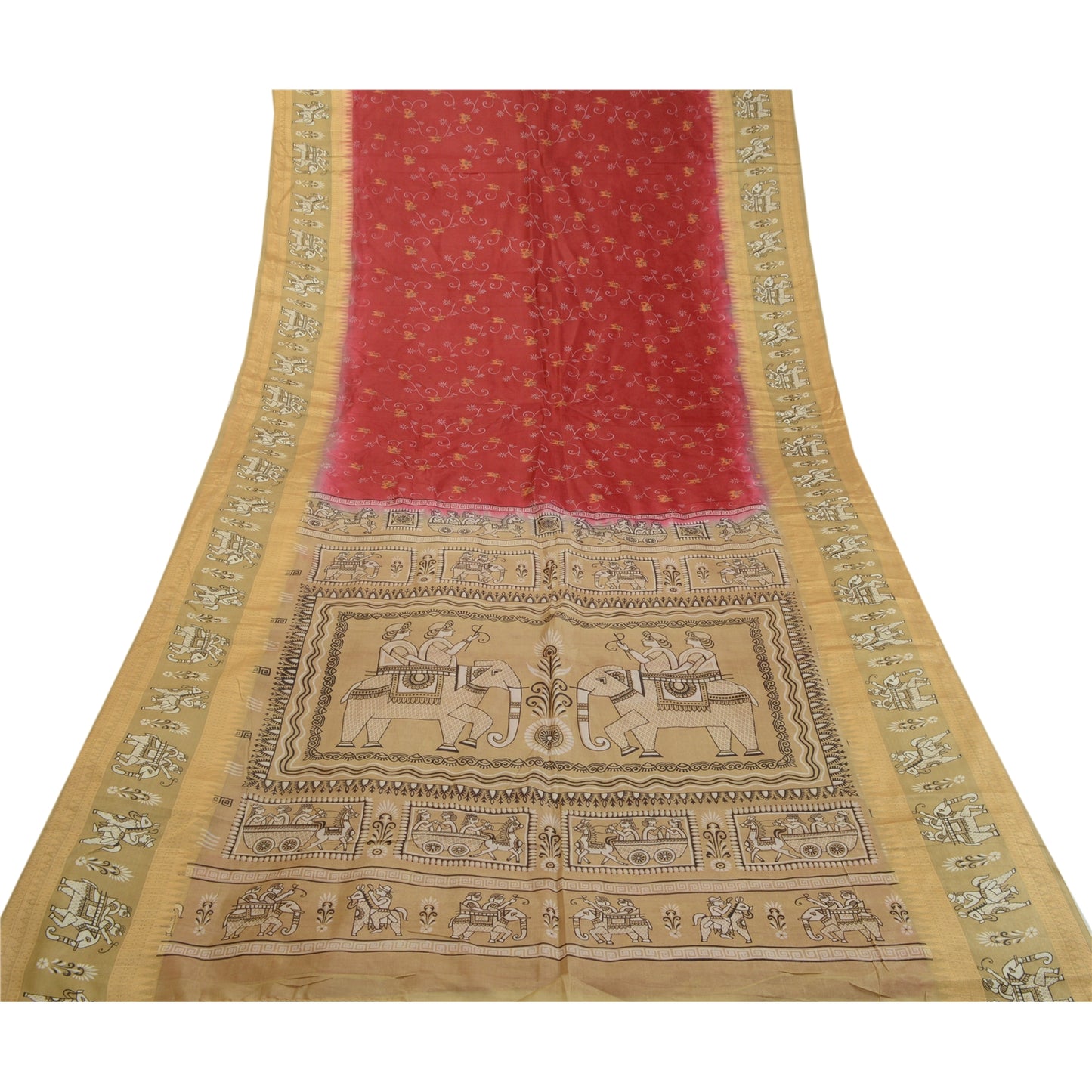 Sanskriti Vintage Sarees Red Animal Human Printed Pure Silk Sari Craft Sustainable Fabric