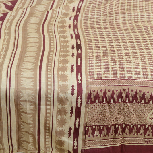 Sanskriti Vintage Sarees Indian Ivory Printed Pure Silk Sari Soft Craft Sustainable Fabric