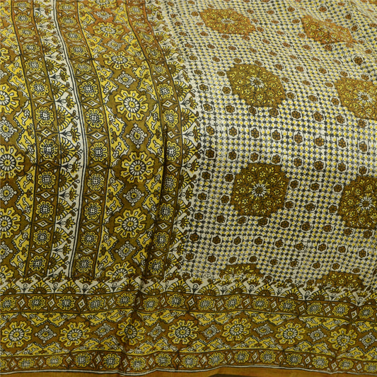 Sanskriti Vintage Sarees From India Green Pure Silk Block Printed Sari Sustainable Fabric