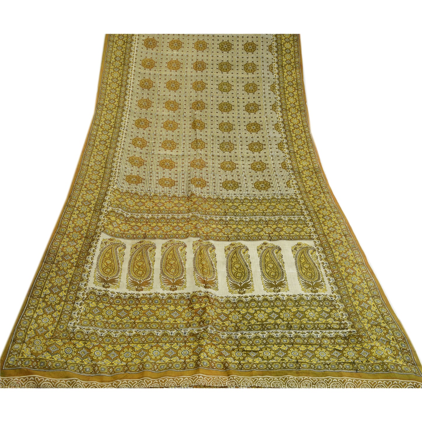 Sanskriti Vintage Sarees From India Green Pure Silk Block Printed Sari Sustainable Fabric