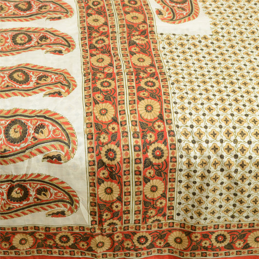 Sanskriti Vintage Sarees Indian Ivory Pure Silk Printed Sari Soft Craft Sustainable Fabric
