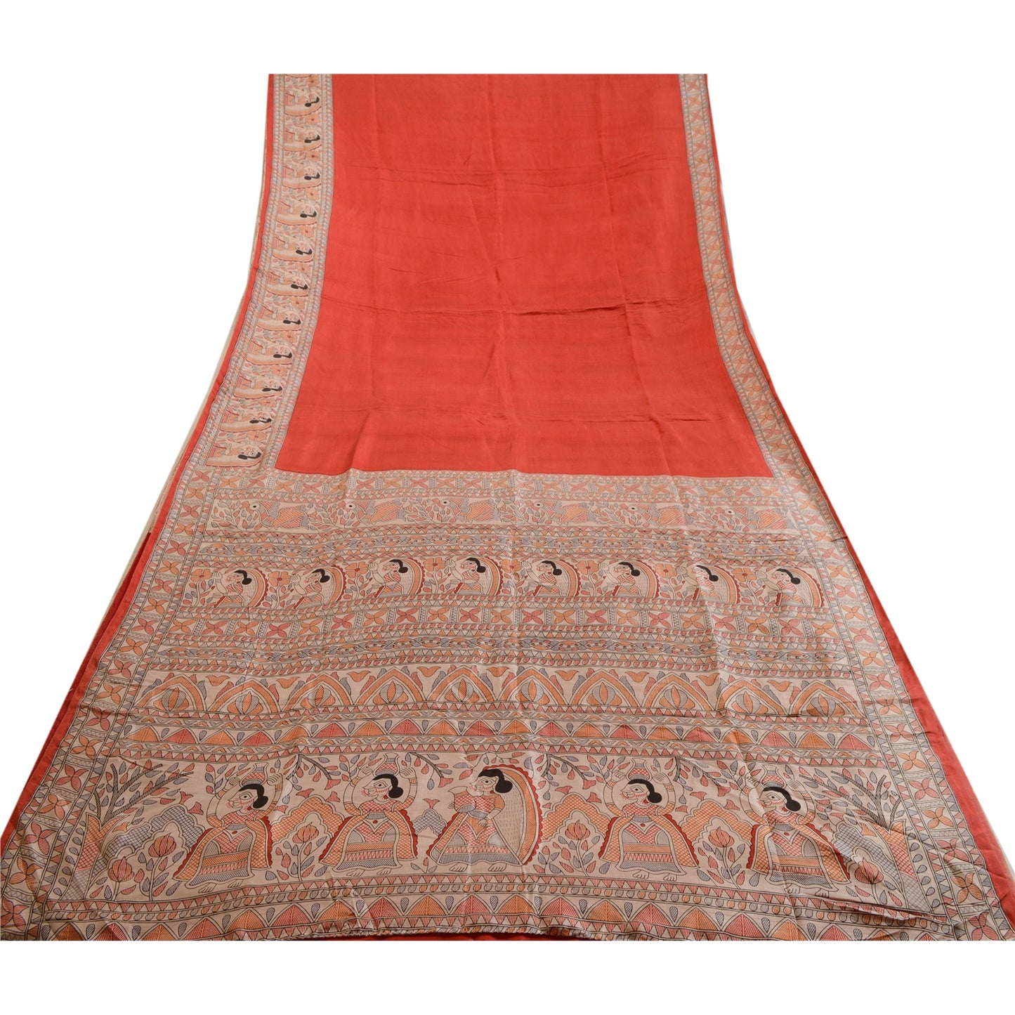 Sanskriti Vintage Sarees Red Kalamkari Women Pure Silk Printed Sari Craft Sustainable Fabric