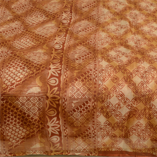 Sanskriti Vintage Sarees Brown Pure Silk Printed Sari Floral Soft Craft Sustainable Fabric