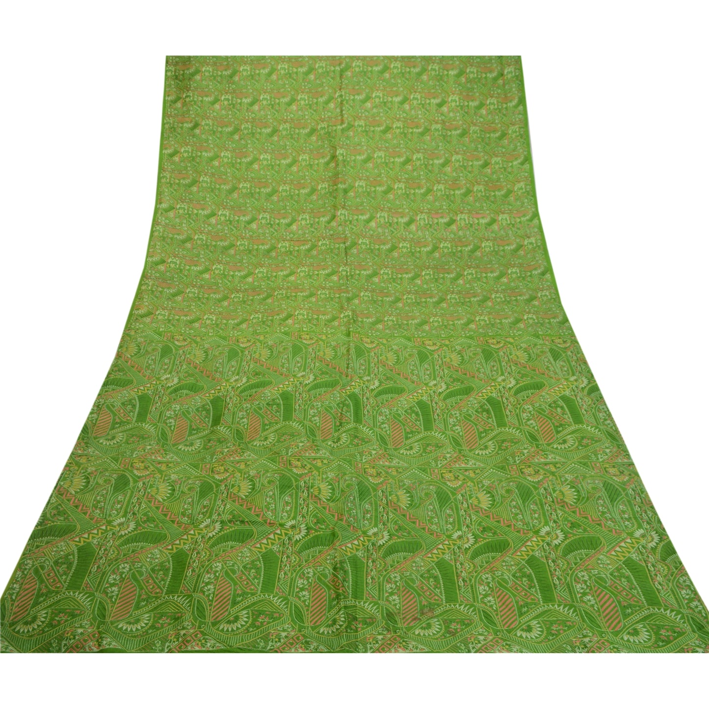 Sanskriti Vintage Sarees Green 100% Pure Silk Printed Sari Floral Craft Sustainable Fabric