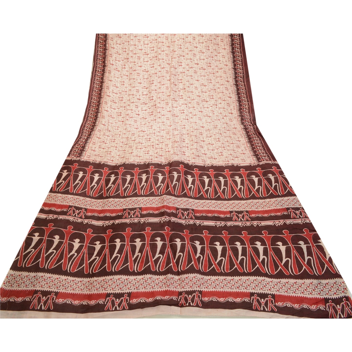 Sanskriti Vintage Sarees Ivory Abstract Human Print Pure Silk Sari Craft Sustainable Fabric