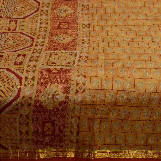 Sanskriti Vintage Sarees Saffron Zari Border Pure Silk Printed Sari Craft Sustainable Fabric