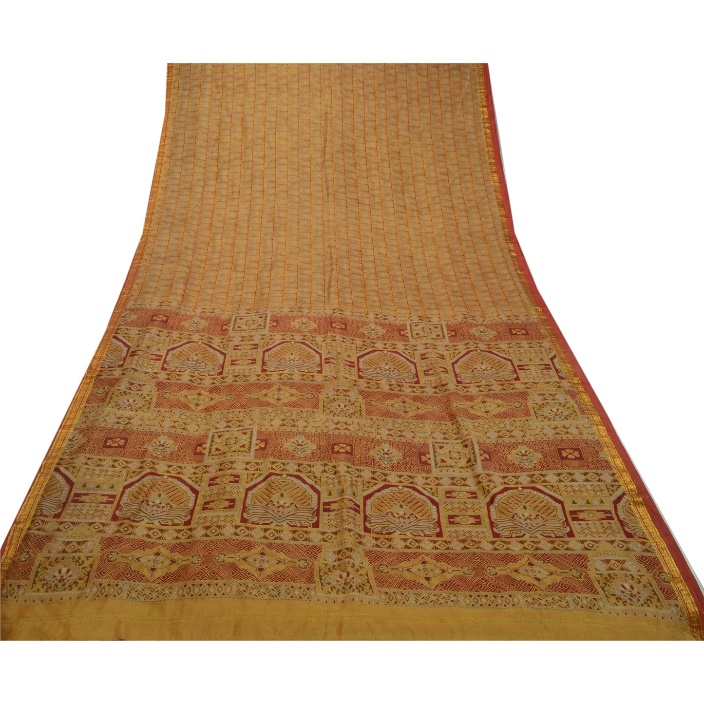 Sanskriti Vintage Sarees Saffron Zari Border Pure Silk Printed Sari Craft Sustainable Fabric