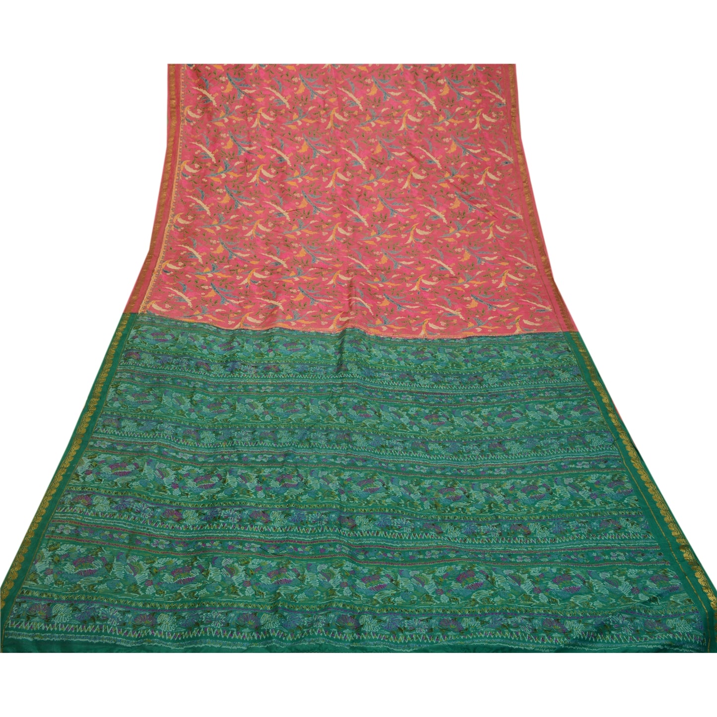 Sanskriti Vintage Sarees Pink Zari Border Printed Pure Silk Sari Craft Sustainable Fabric