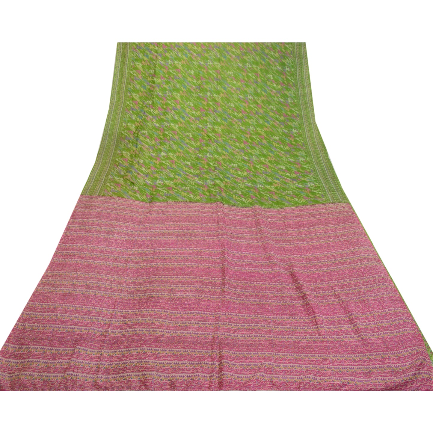 Sanskriti Vintage Sarees Indian Green Printed Pure Silk Sari Soft Craft Sustainable Fabric