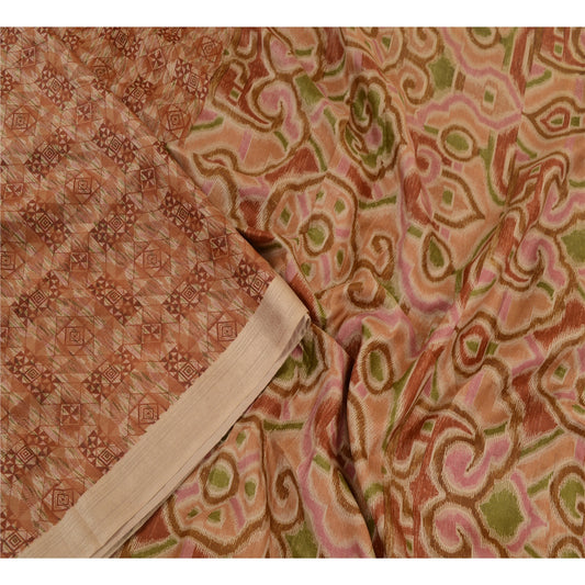 Sanskriti Vintage Sarees Indian Brown Printed Pure Silk Sari Decor Craft Sustainable Fabric