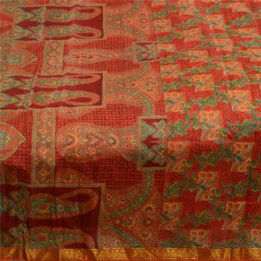 Sanskriti Vintage Sarees Red Zari Border Printed Pure Silk Sari 5yd Craft Sustainable Fabric